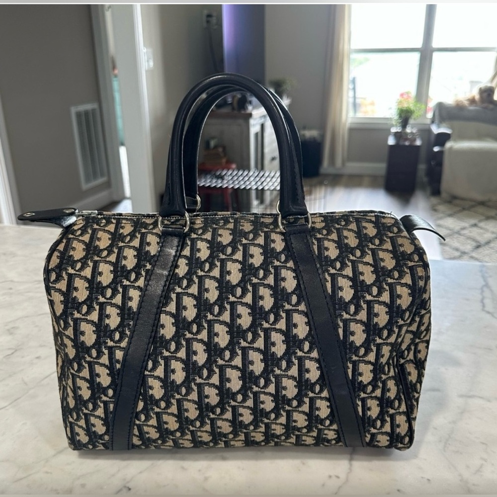 Authentic Christian Dior Boston Bag Trotter Monogram
Canvas Blue Leather. EUC